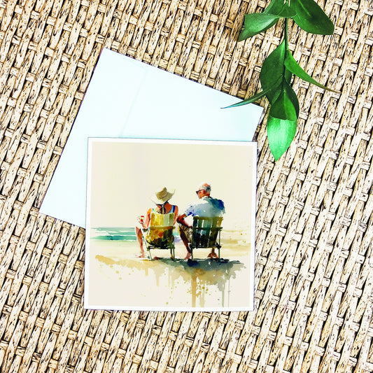 Beachside Couple Watercolor Greeting Card - Romantic Seaside Art with Glossy Finish - Perfect for Anniversaries and Love Notes