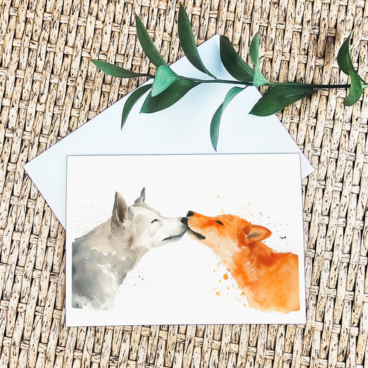 Canine Affection Greeting Card, Watercolor Dogs Illustration, Animal Love, Includes Envelope
