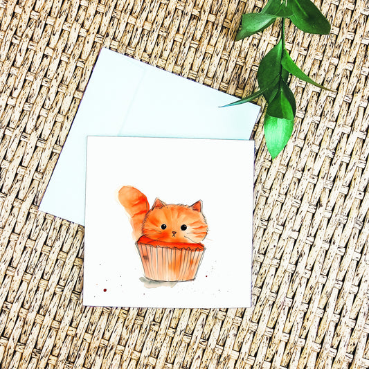 Cat in Cupcake Greeting Card, Whimsical Feline Art, Cute Kitty Illustration, Perfect for Cat Lovers, Includes Envelope