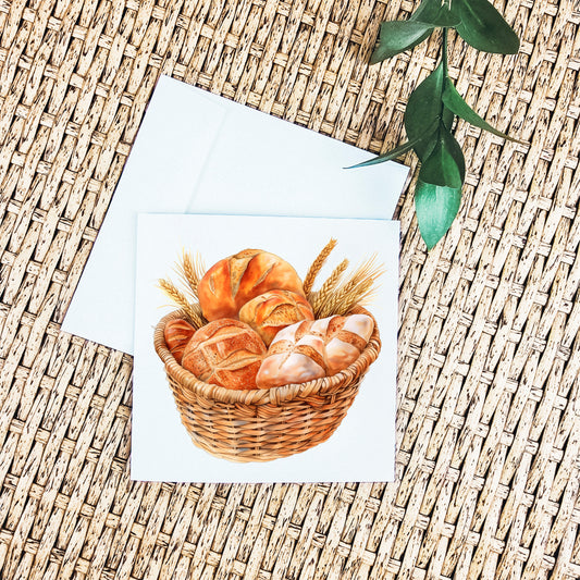 Artisan Greeting Card Bread Basket - Watercolor Bakery Illustration, Perfect for Bread Lovers